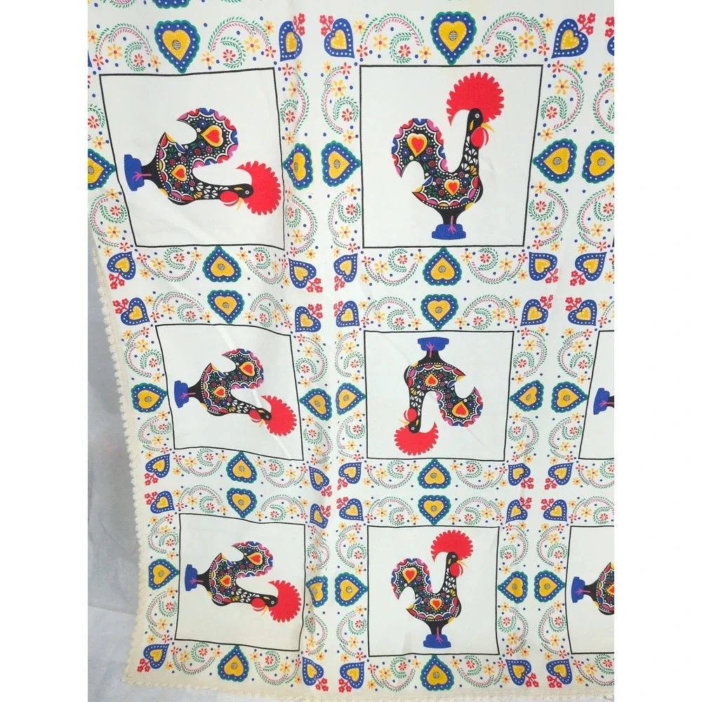 Linen Cotton Portugal Good Luck Rooster Tablecloth  55x73 Folk Art Dala Fabric
